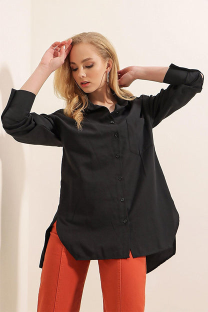 3952 Buttoned Back Boyfriend Shirt - Black