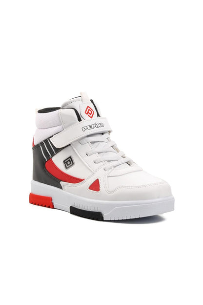 1563-F White-Black-Red Kids Hi Sneaker