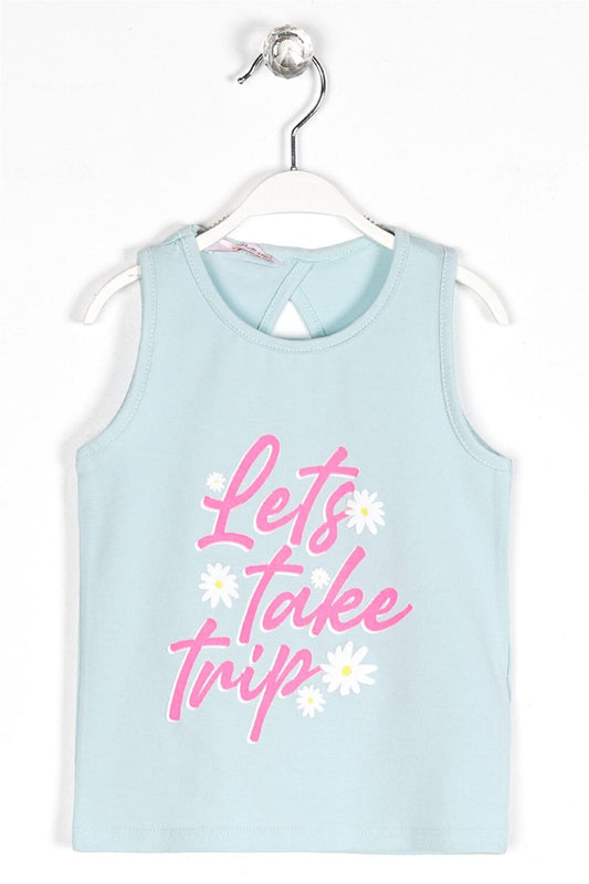 Girl's Mint Colored Lets Take a Trip Printed Sleeveless T-Shirt