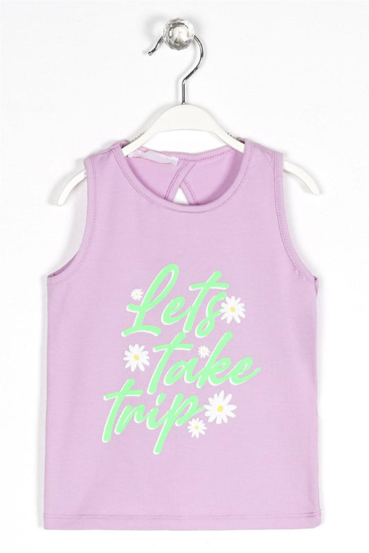 Girl's Lilac Colored Lets Take a Trip Printed Sleeveless T-Shirt