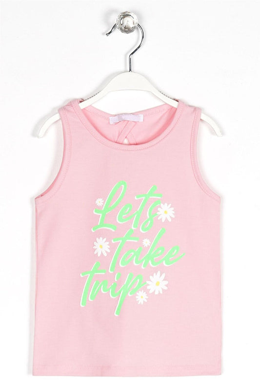 Girl's Pink Colored Lets Take a Trip Printed Sleeveless T-Shirt