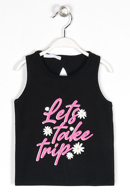 Girl's Black Colored Lets Take a Trip Printed Sleeveless T-Shirt