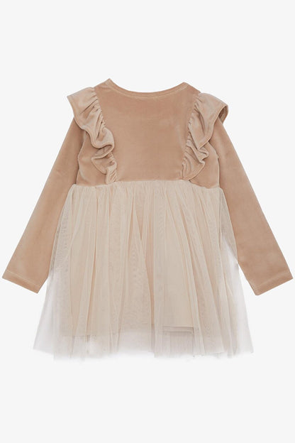 Girl's Dress Velvet Bow Tulle Beige (Age 3-8)