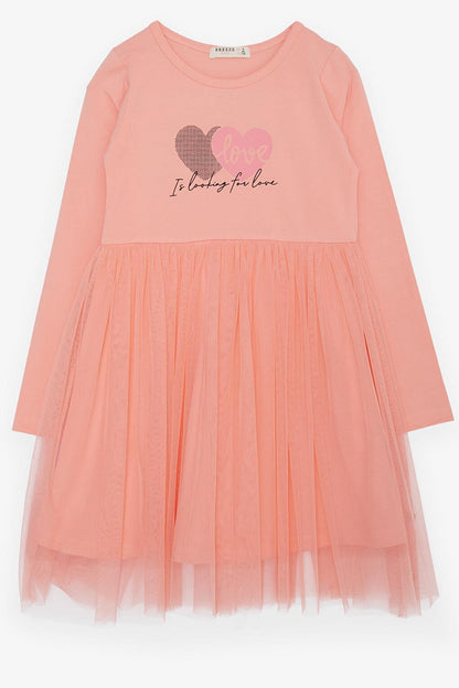 Girl's Long Sleeve Dress Heart Text Printed Tulle Salmon (4-9 Years)