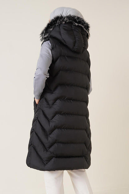 T10233 Hooded Long Hijab Vest - Black