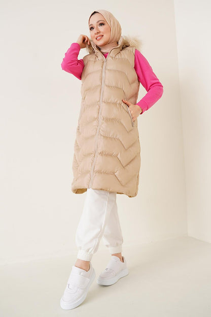 T10233 Hooded Long Hijab Vest - Beige