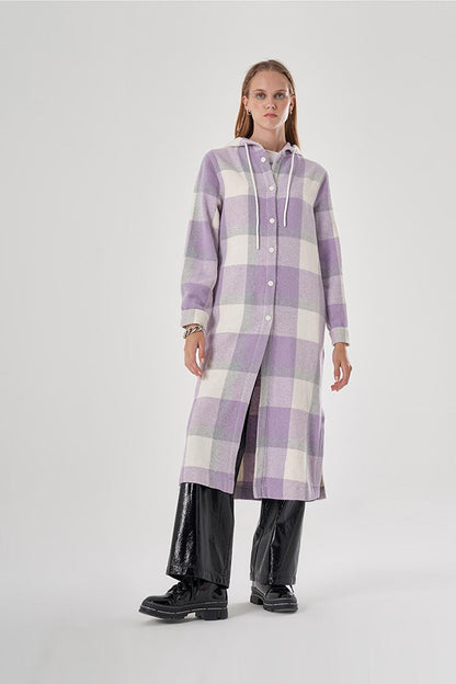 Hooded Plaid Lilac Coat