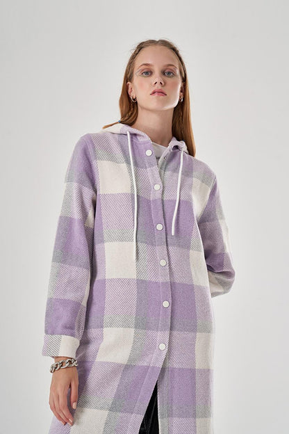 Hooded Plaid Lilac Coat