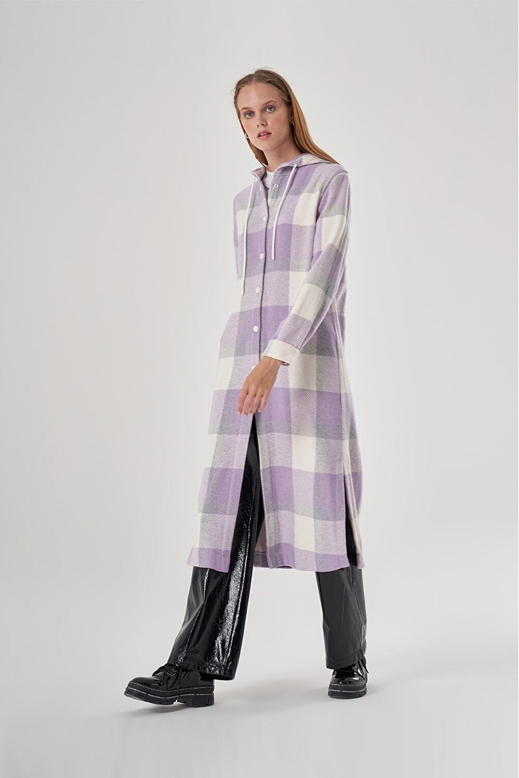 Hooded Plaid Lilac Coat