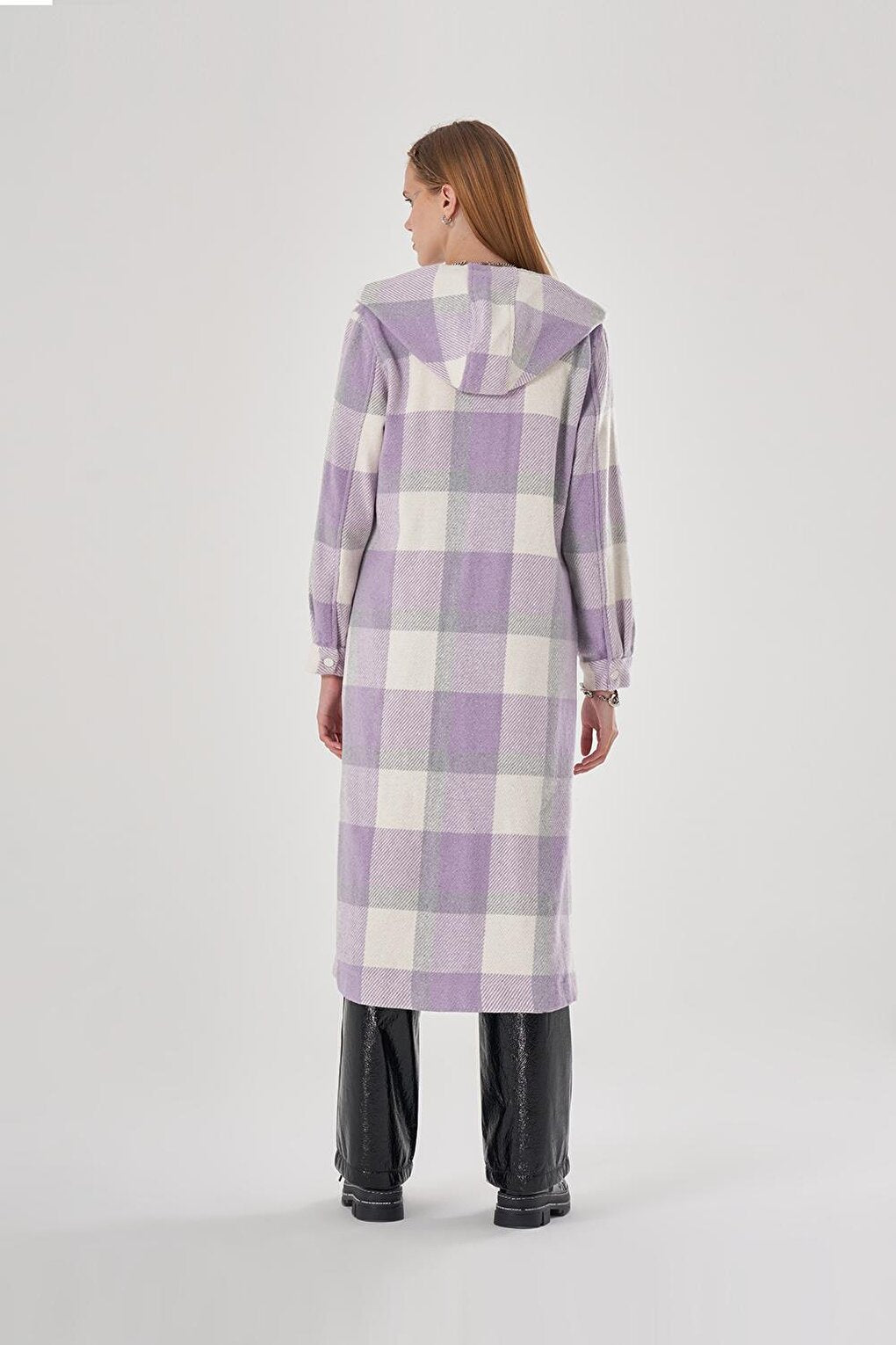 Hooded Plaid Lilac Coat