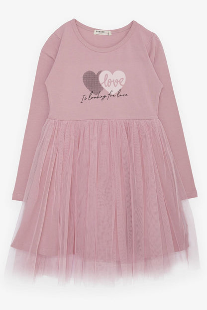 Girl's Long Sleeve Dress Heart Text Printed Tulle Lilac (4-9 Years)