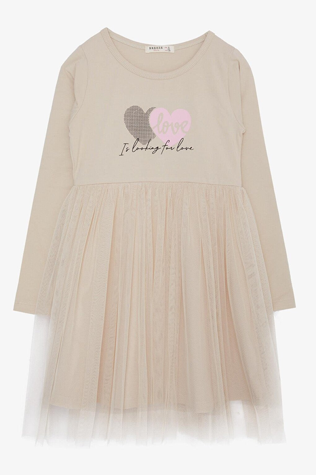 Girl's Long Sleeve Dress Heart Text Printed Tulle Beige (4-9 Years)