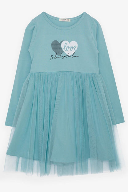 Girl's Long Sleeve Dress Heart Text Printed Tulle Water Green (Age 4-9)