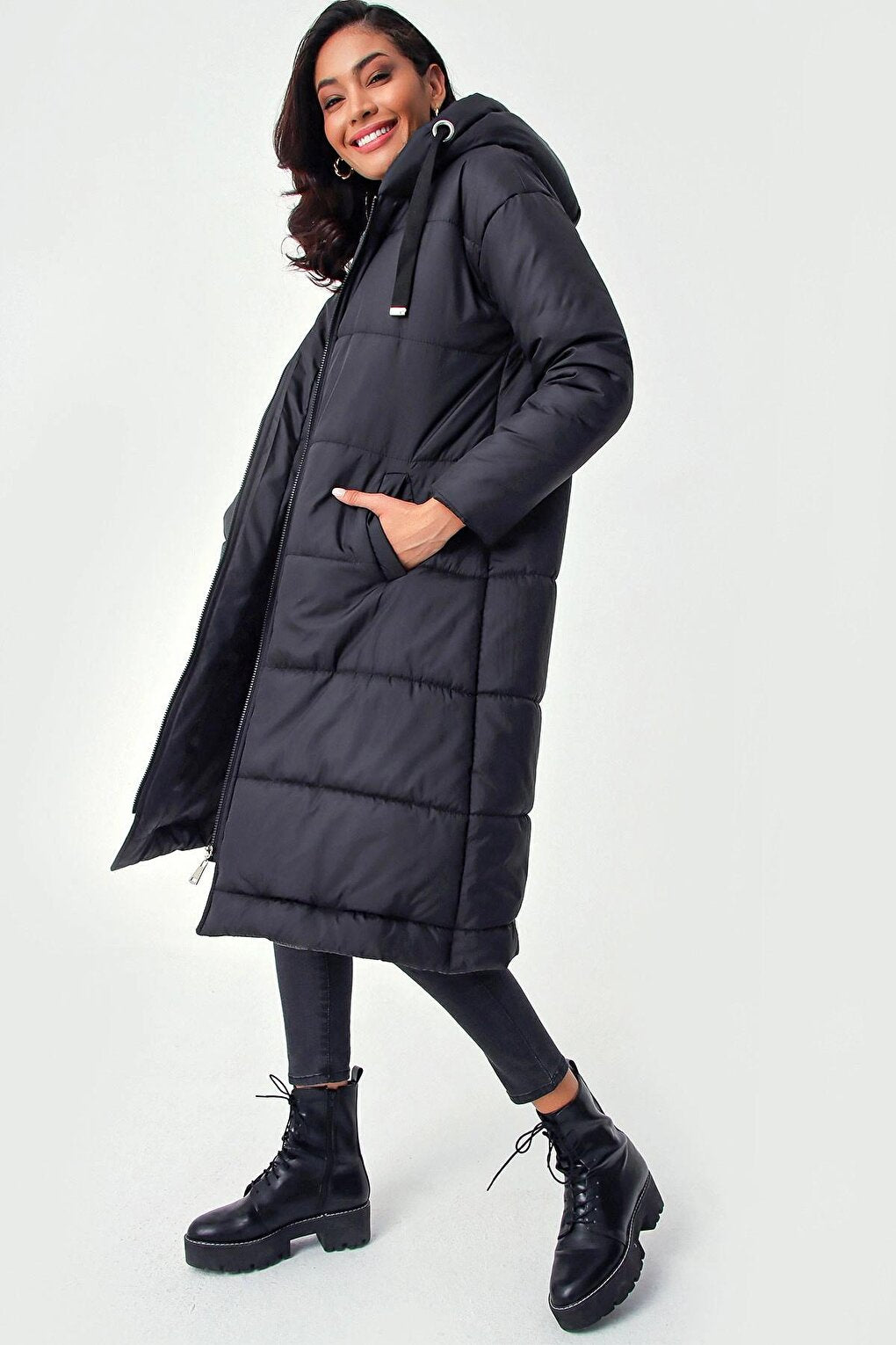 Black Hooded Long Puffer Jacket