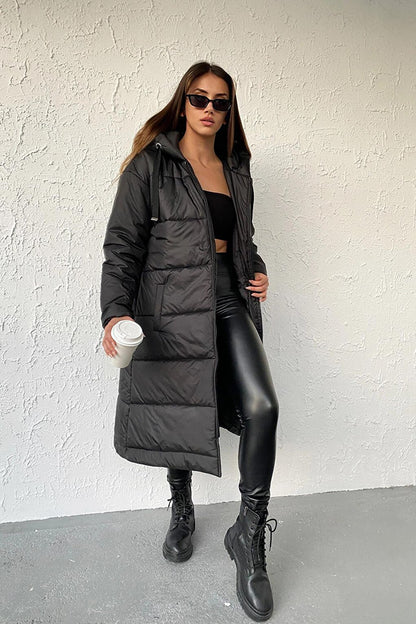 Black Hooded Long Puffer Jacket