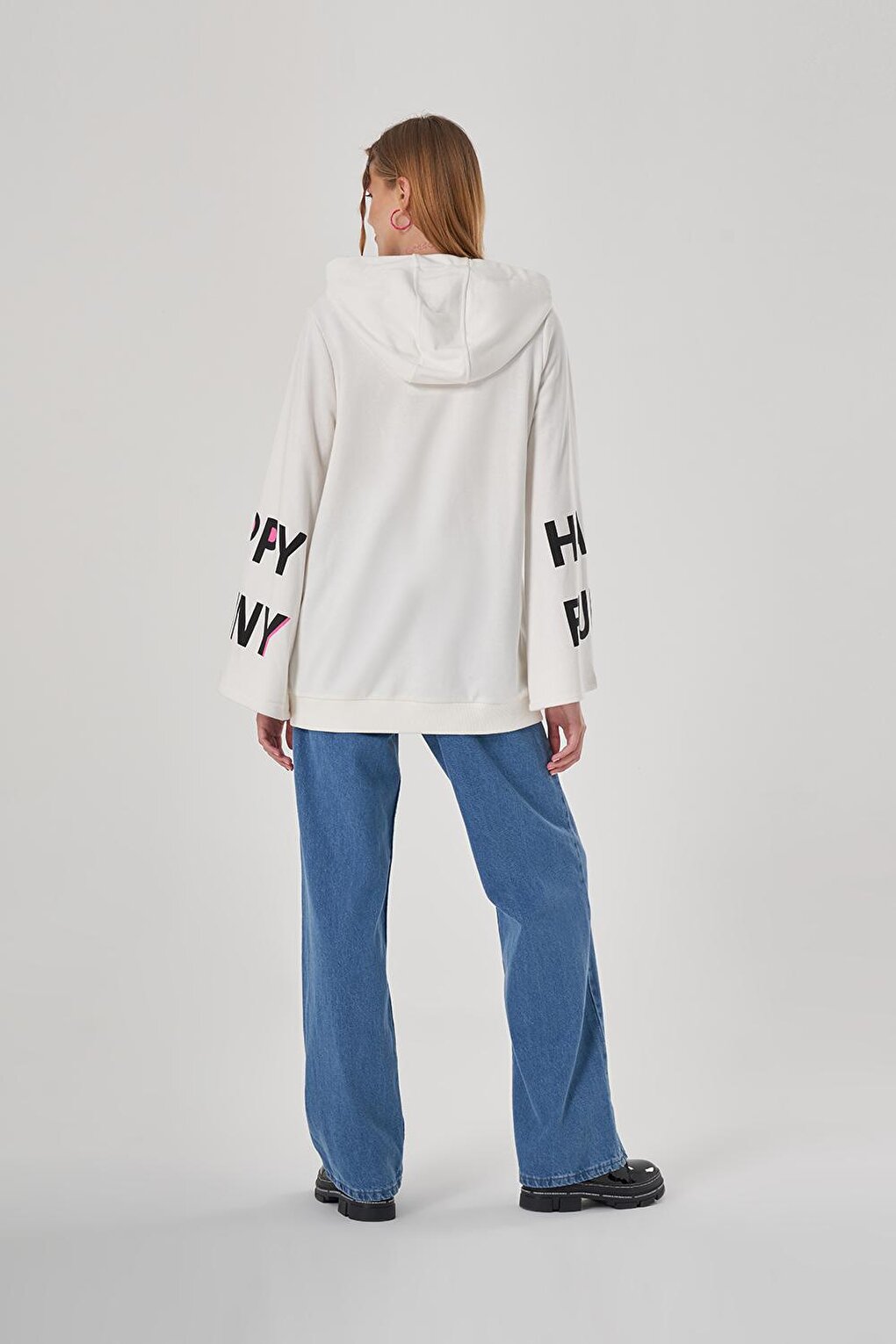 Hooded Ecru Sweatshirt with Printed Sleeves