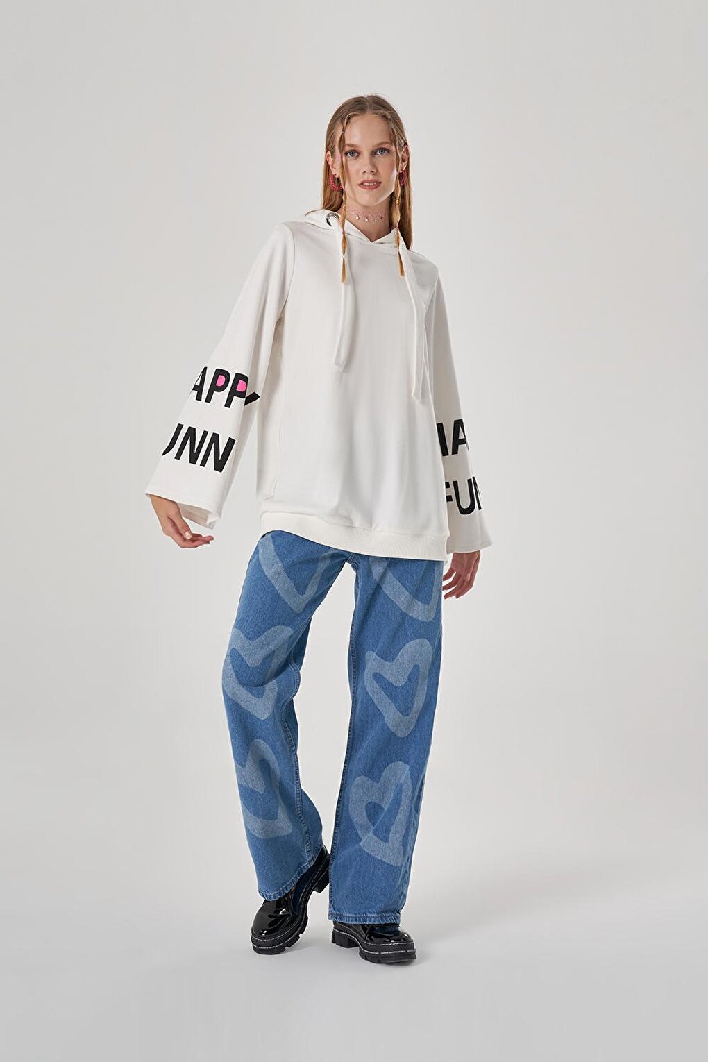 Hooded Ecru Sweatshirt with Printed Sleeves