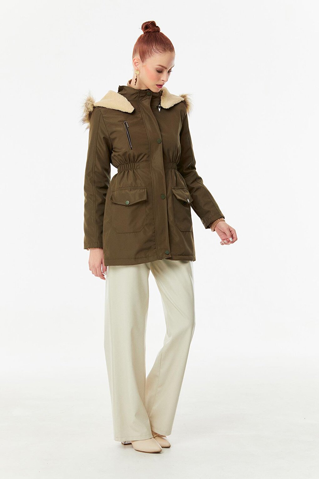 Hooded Coat with Elastic Waist