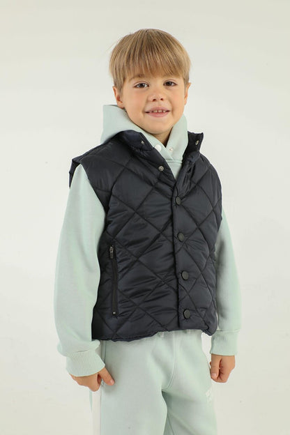 Stand-up Collar Checkered Pattern Detailed Boy's Vest