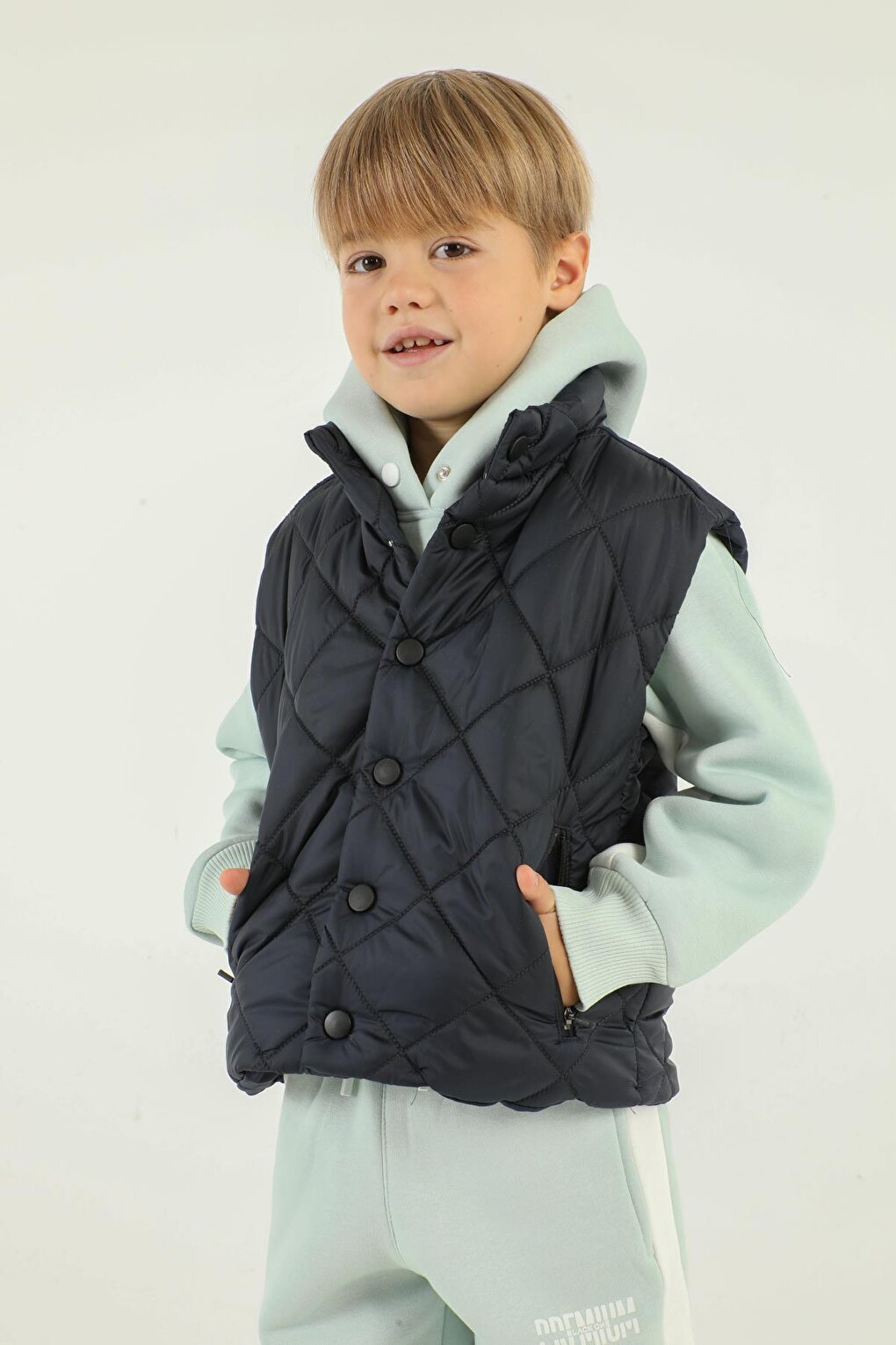 Stand-up Collar Checkered Pattern Detailed Boy's Vest