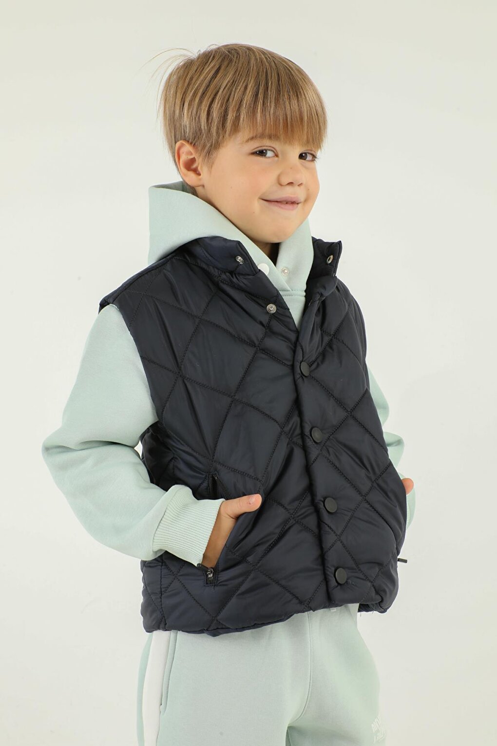 Stand-up Collar Checkered Pattern Detailed Boy's Vest