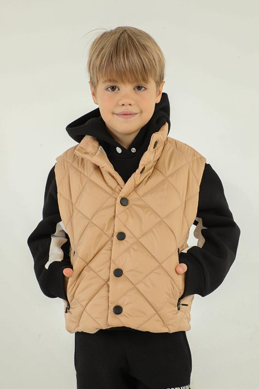 Stand-up Collar Checkered Pattern Detailed Boy's Vest