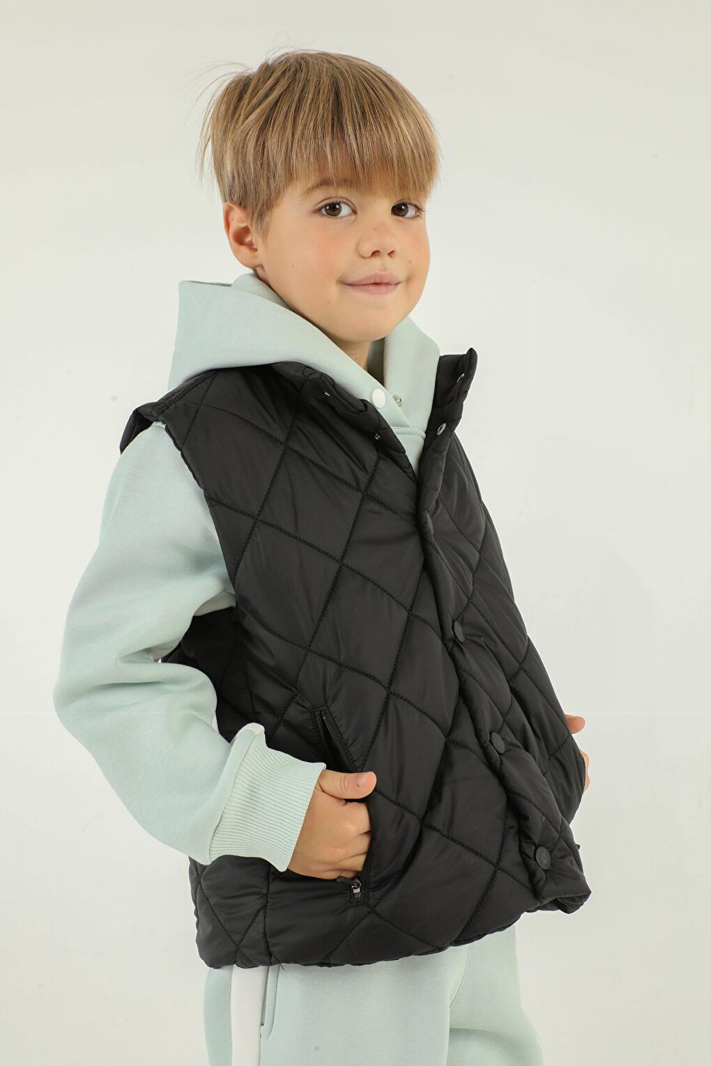 Stand-up Collar Checkered Pattern Detailed Boy's Vest