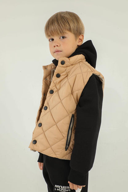 Stand-up Collar Checkered Pattern Detailed Boy's Vest