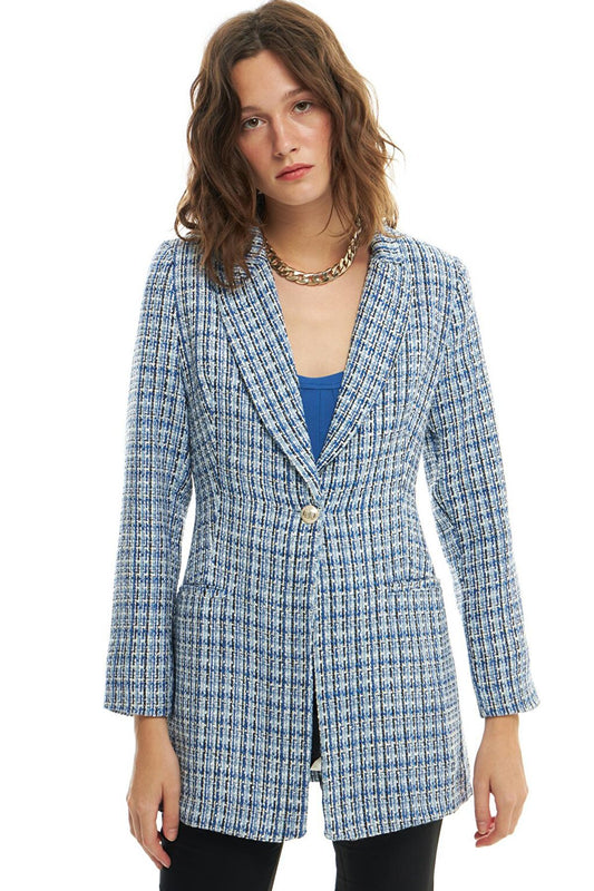 Single Button Tweed Blazer Jacket Blue