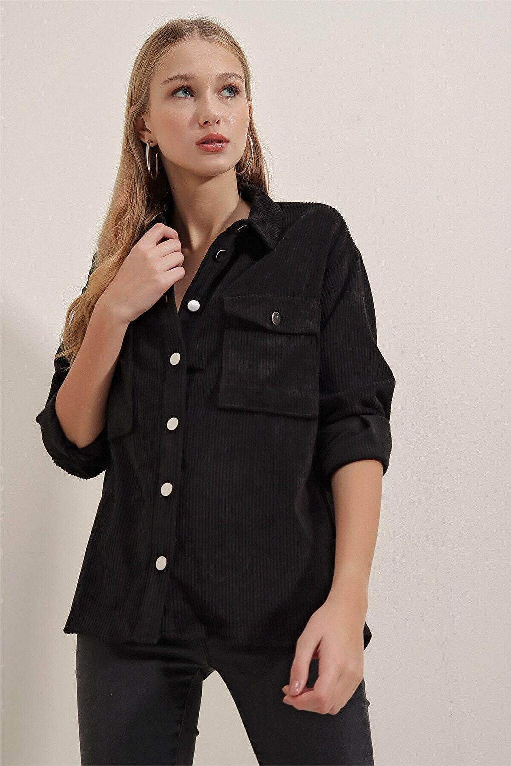 Women's Black Velvet Lightweight Oversize Stylish Shirt HZL23W-BD138651