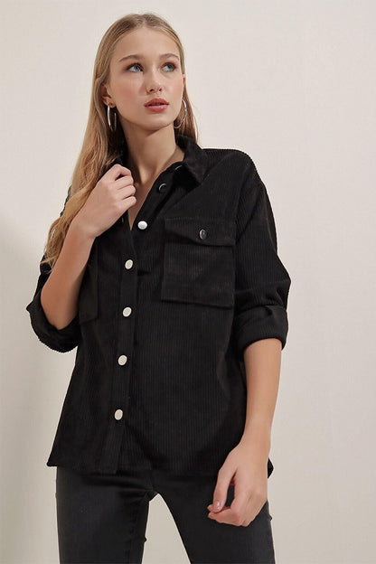 Women's Black Velvet Lightweight Oversize Stylish Shirt HZL23W-BD138651