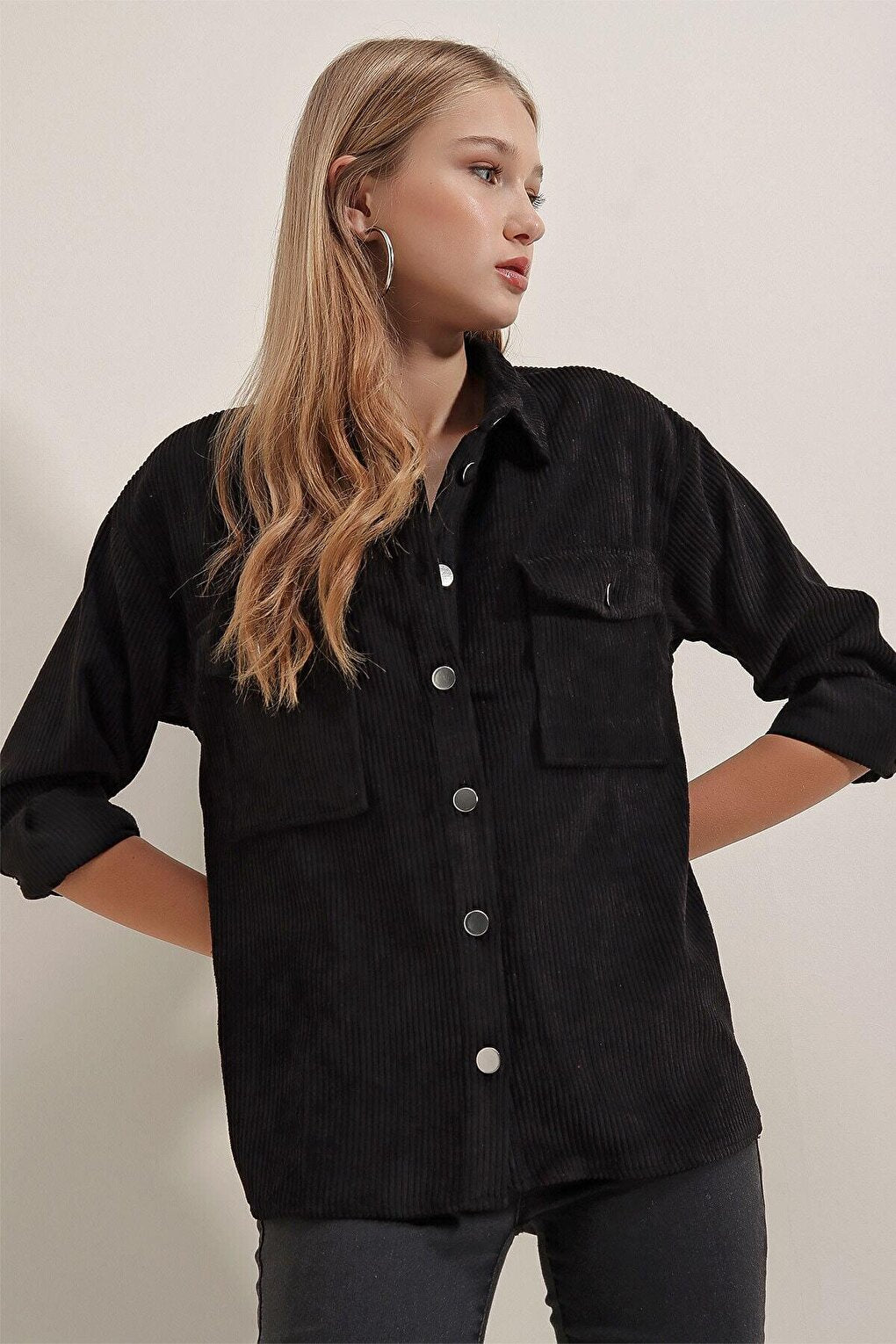 Women's Black Velvet Lightweight Oversize Stylish Shirt HZL23W-BD138651