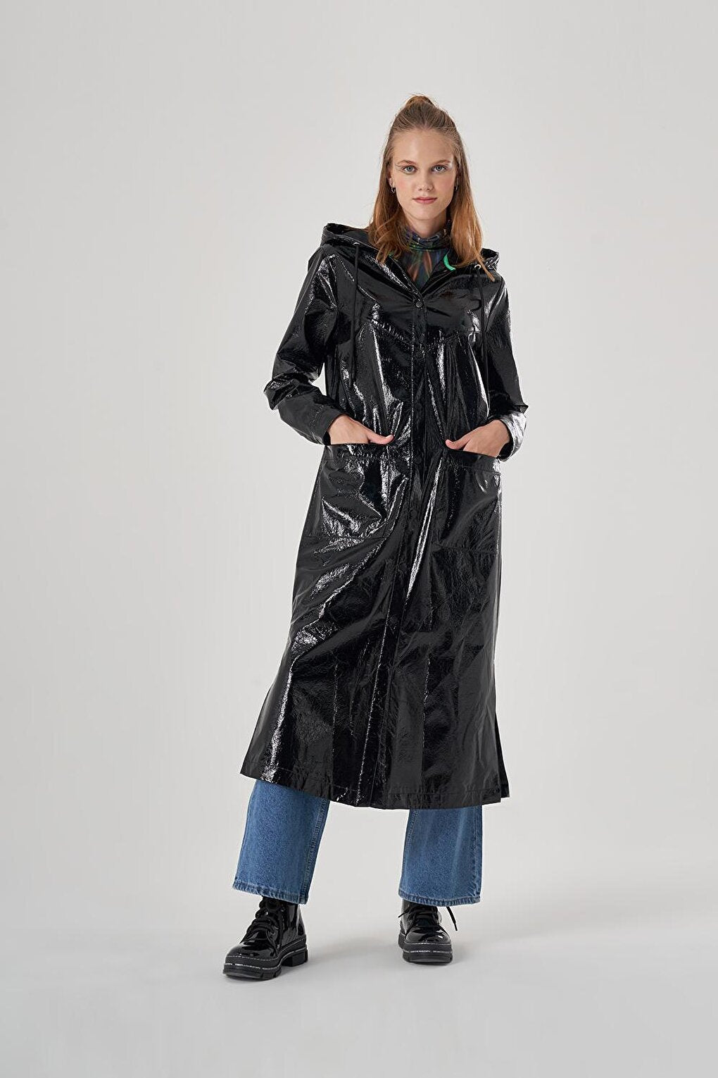 Kraş Leather Detailed Black Trench Coat