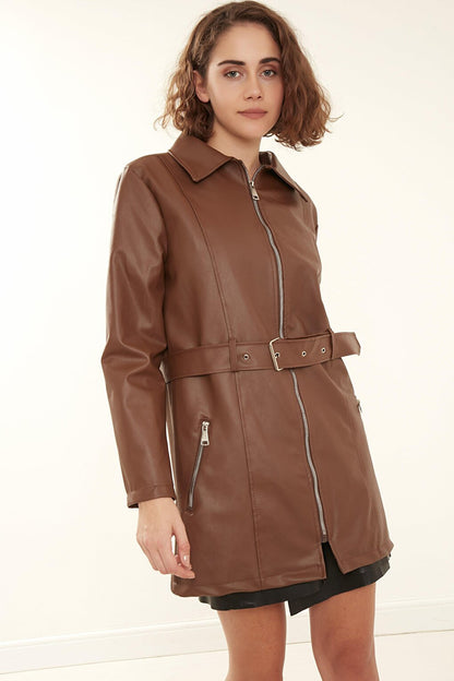 Women's Brown Long Leather Overcoat Jacket