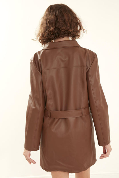 Women's Brown Long Leather Overcoat Jacket