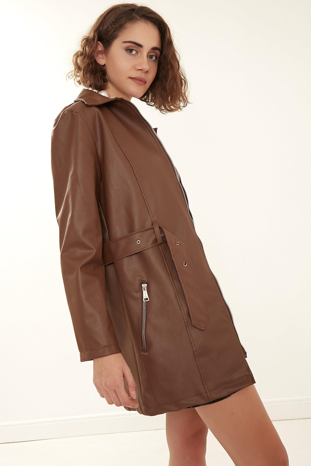 Women's Brown Long Leather Overcoat Jacket