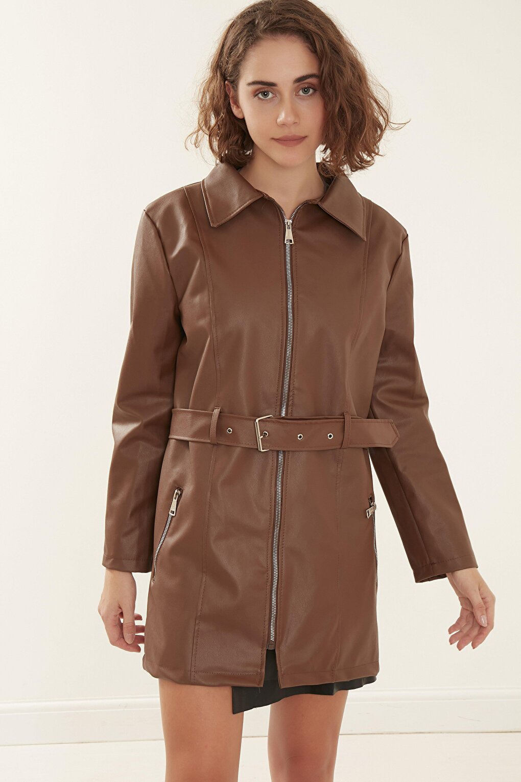 Women's Brown Long Leather Overcoat Jacket