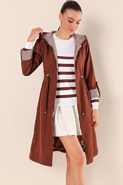 9091 Gathered Waist Hooded Trench Coat - M. Brown