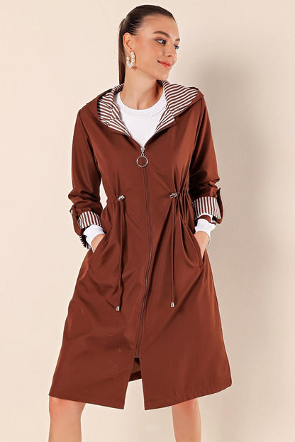 9091 Gathered Waist Hooded Trench Coat - M. Brown