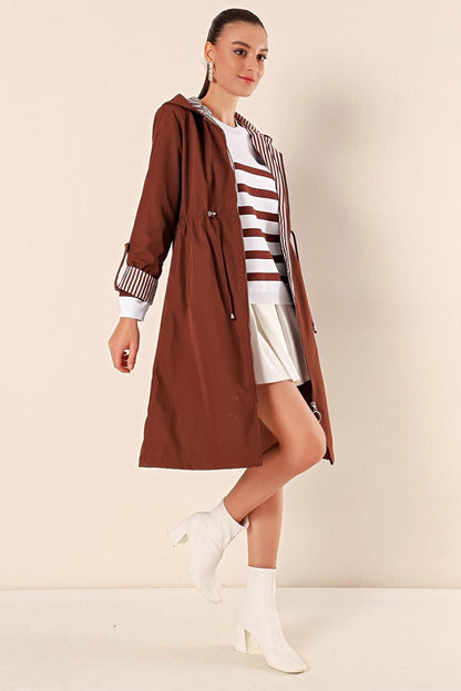 9091 Gathered Waist Hooded Trench Coat - M. Brown