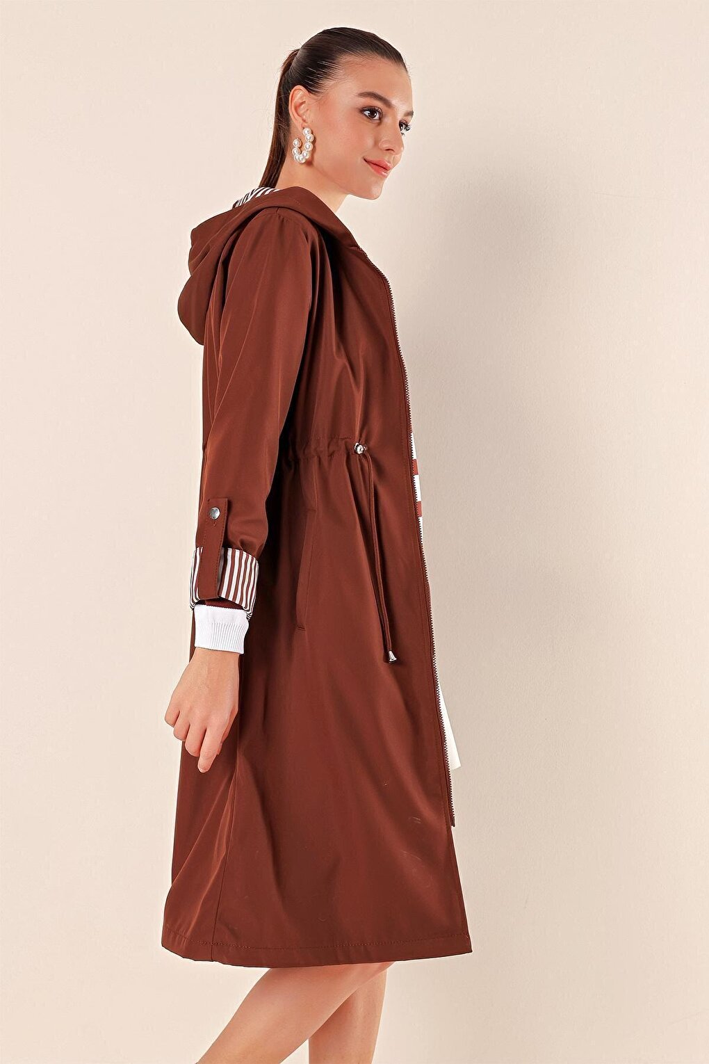 9091 Gathered Waist Hooded Trench Coat - M. Brown