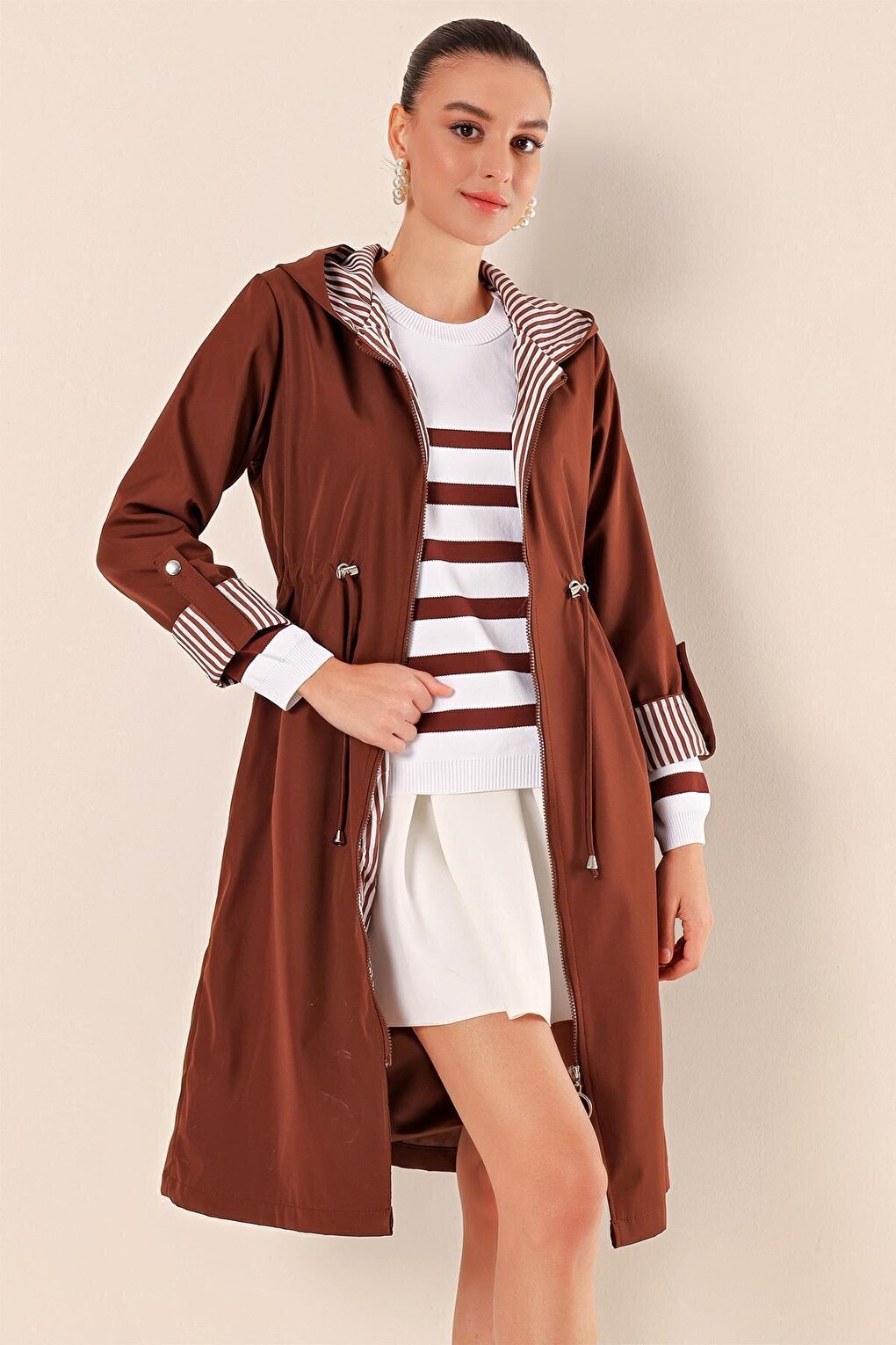 9091 Gathered Waist Hooded Trench Coat - M. Brown