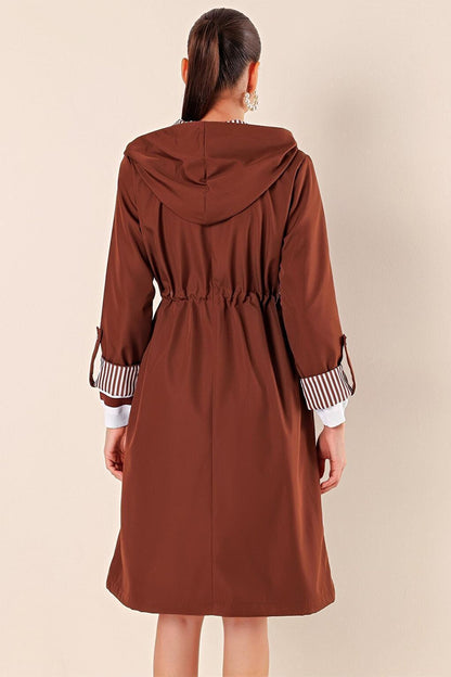 9091 Gathered Waist Hooded Trench Coat - M. Brown