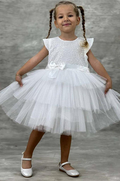 Girl's Sequined Embroidered Katkat White Evening Dress 4-7 Years