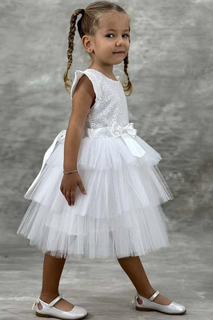 Girl's Sequined Embroidered Katkat White Evening Dress 4-7 Years