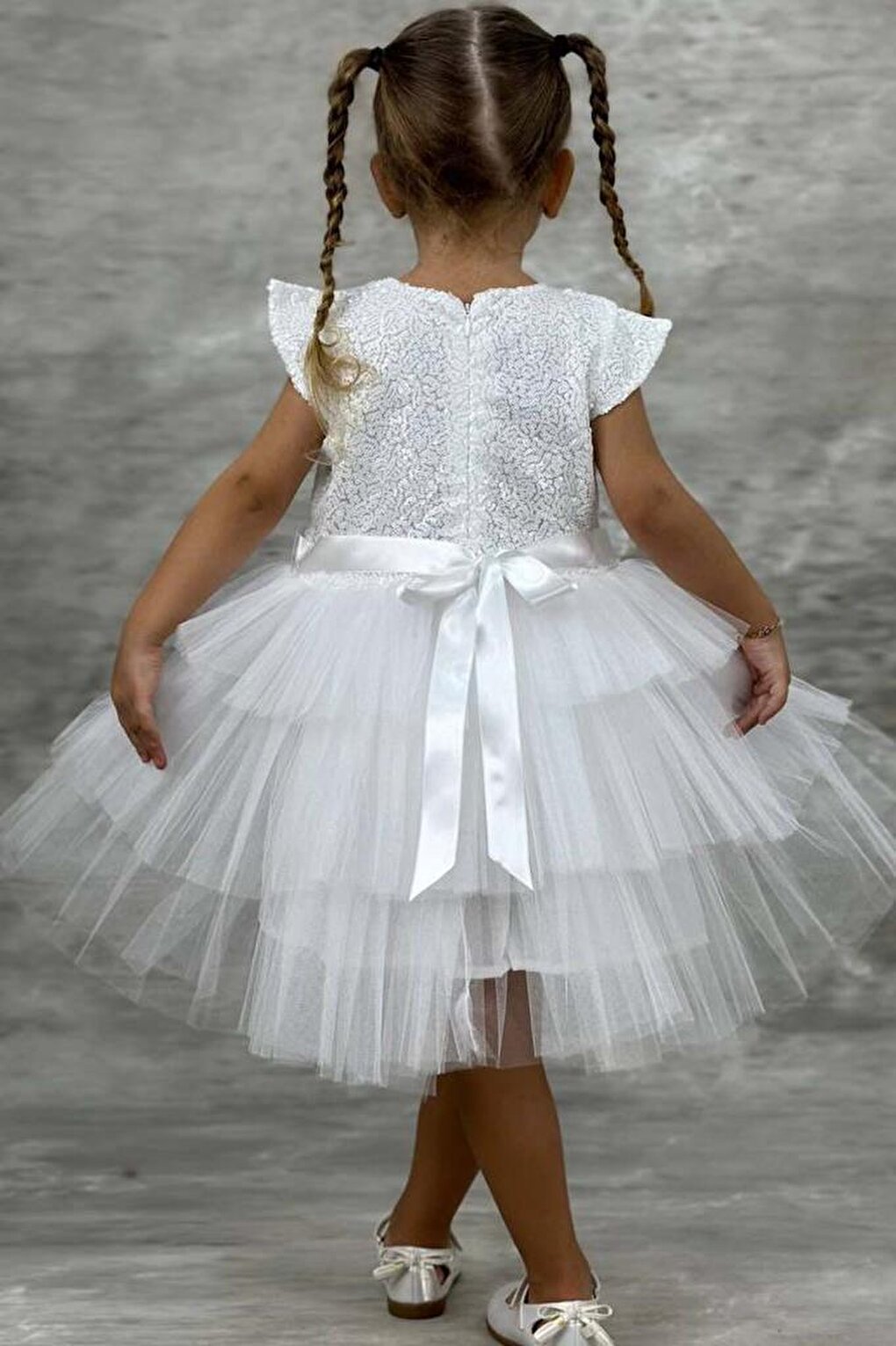 Girl's Sequined Embroidered Katkat White Evening Dress 4-7 Years