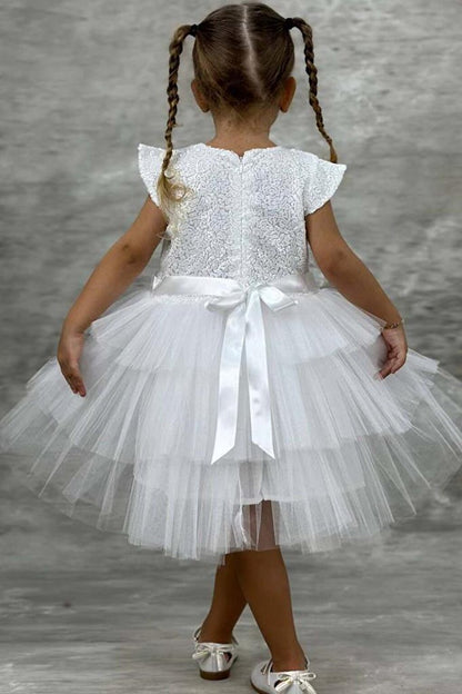 Girl's Sequined Embroidered Katkat White Evening Dress 4-7 Years