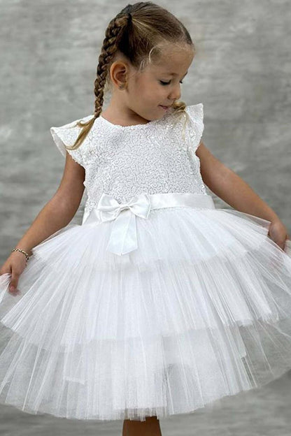 Girl's Sequined Embroidered Katkat White Evening Dress 4-7 Years