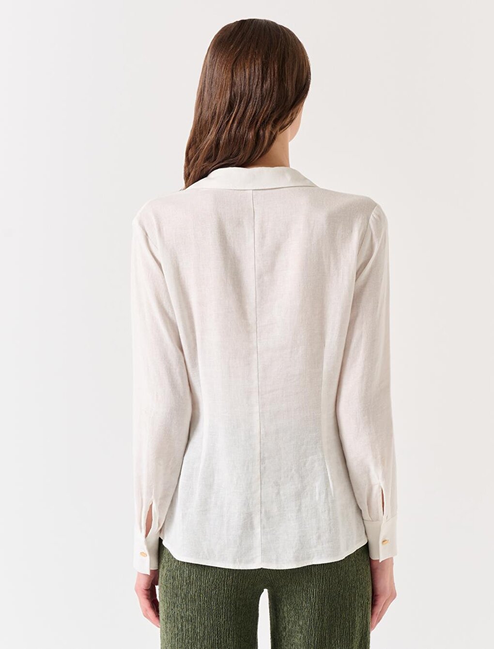 White Three Quarter Sleeve Belted Linen Shirt