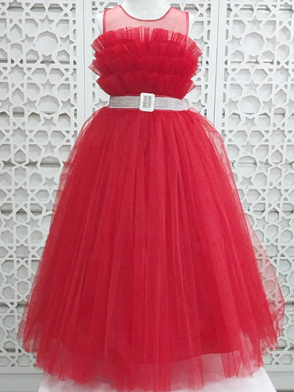 Crew Neck Tulle Detailed Girls' Evening Dress